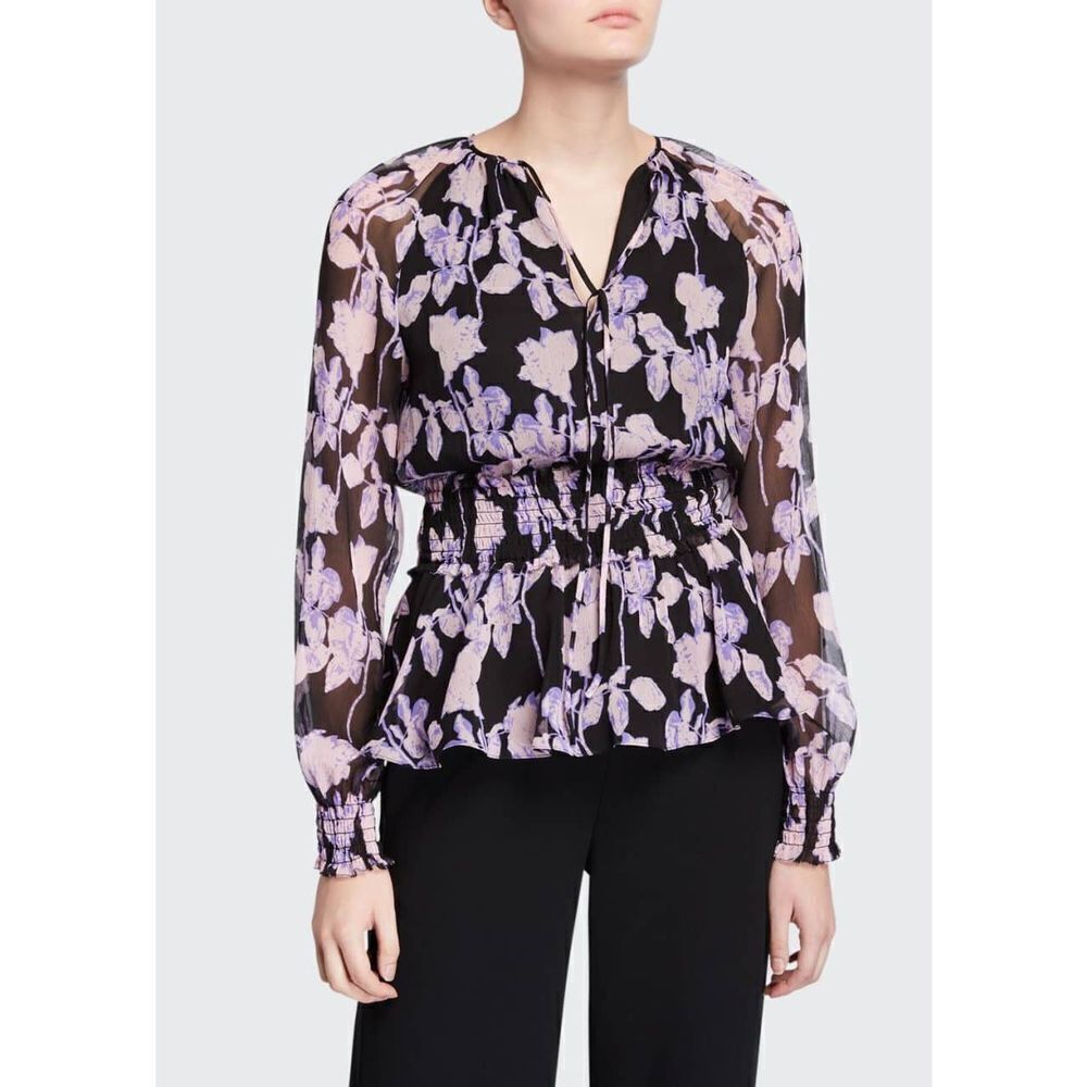 ✨DIANE VON FURSTENBERG Jacie Floral Tie-Neck Silk Sz Medium Blouse✨